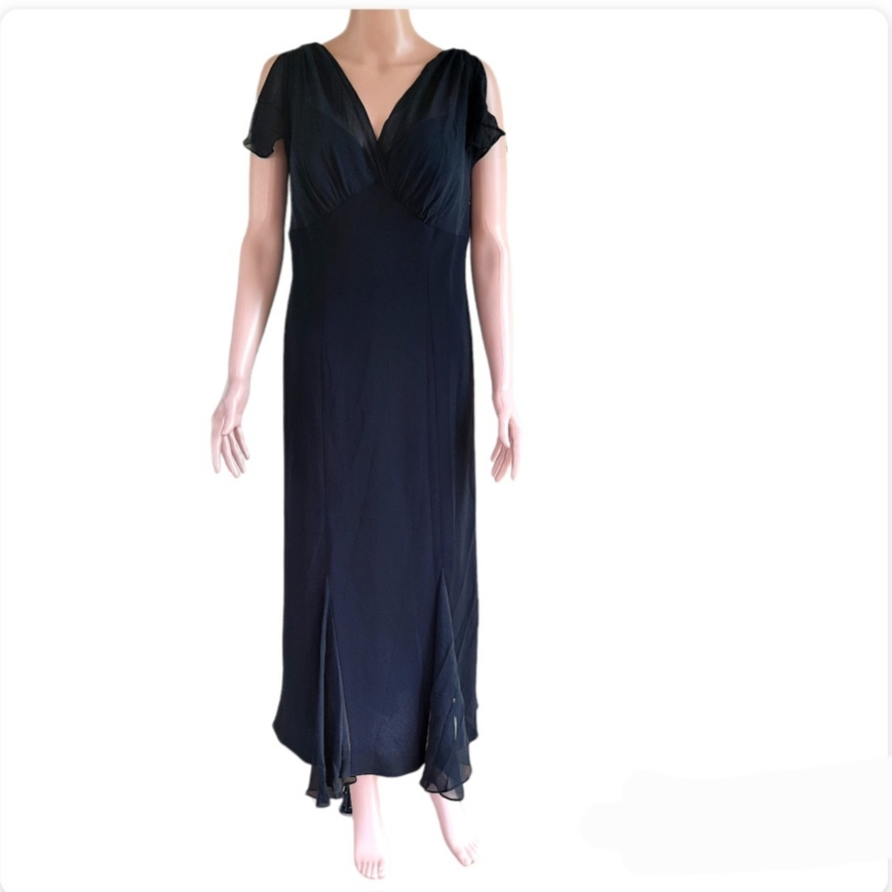 Jones New York Chiffon Black Formal Long Maxi Dress Double V Neck Size 14